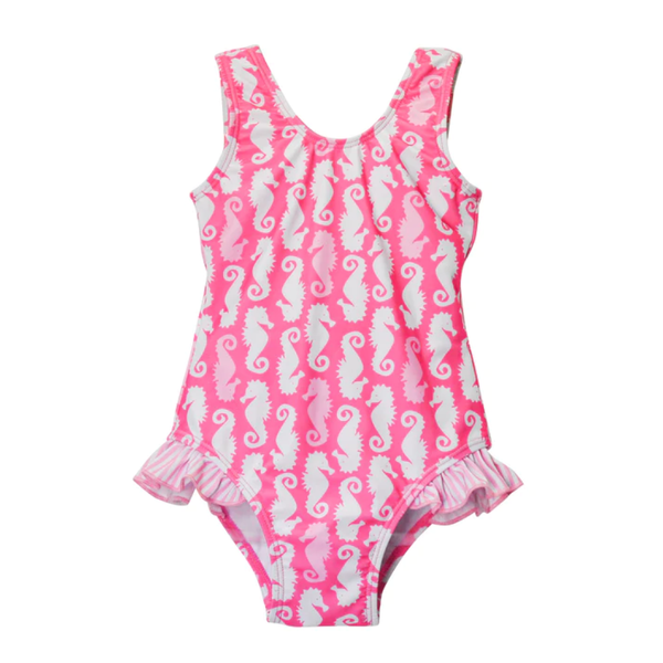 Flap Happy Upf 50+ Delaney Hip Ruffle Swimsuit RSPF - Happy Pink Seahorses