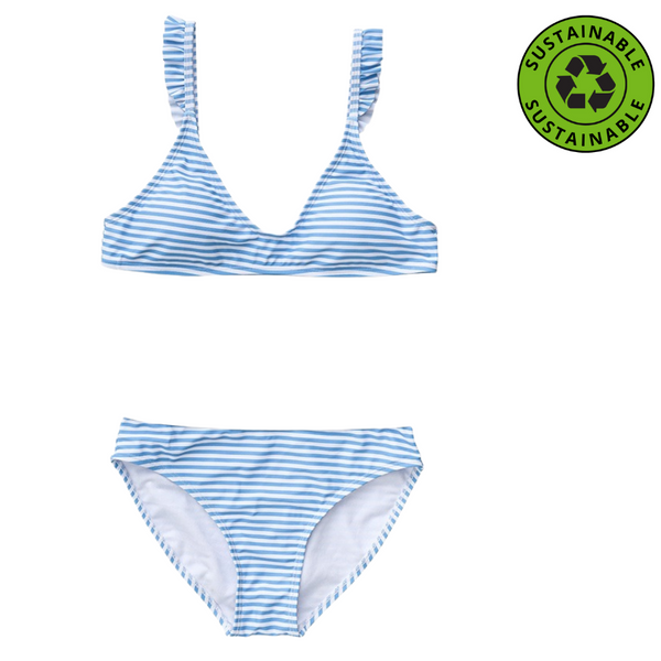 Snapper Rock Powder Blue Sustainable Stripe Frilled Bikini G15114- Blue