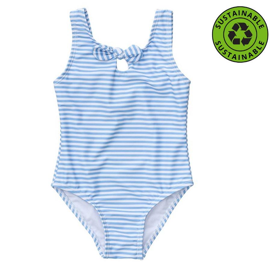 Snapper Rock Powder Blue Sustainable Stripe Bow Swimsuit G13221 - Blue