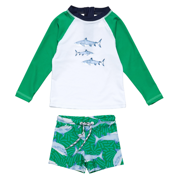 Snapper Rock Reef Shark Long Sleeve Baby Set B52019 - Green