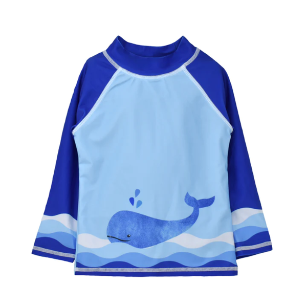 Flap Happy Upf 50+ Graphic Rash Guard Swim Top RLPF - Splish Splash Whale Blue