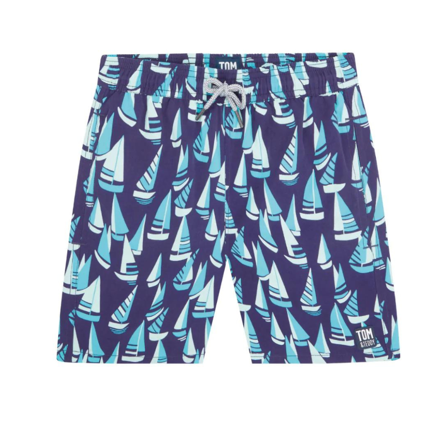 Tom & Teddy Marine Boats Boys Swim Shorts BOAMS-J- Mulberry/ Sky Blue
