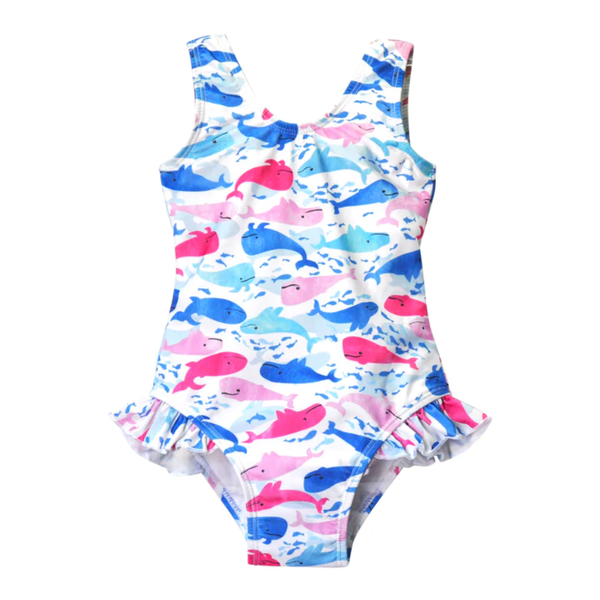 Flap Happy Upf 50+ Delaney Hip Ruffle Swimsuit RSPF - Rosy Whales 